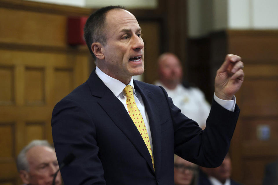 Defense attorney David Yannetti, representing defendant Karen Read, questions a witness during Read's murder trial Tuesday, April 30, 2024, in Dedham, Mass. Read, 44, of Mansfield, faces several charges including second degree murder in the death of her Boston Police officer boyfriend John O’Keefe, 46, in 2022. (Nancy Lane/The Boston Herald via AP, Pool)