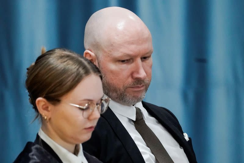 Anders Behring Breivik attends a court hearing at Ringerike prison, in Tyristrand