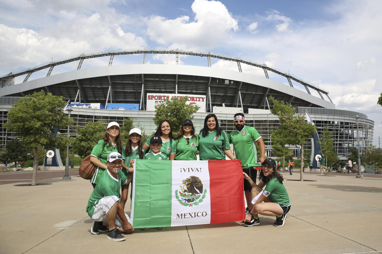 DENVER, US - JULY 13: Fans of Mexico pose for a photo prior to a Group C match between Mexico and Jamaica as part of CONCACAF Gold Cup 2017 at Sports Authority Field on July 13, 2017 in Denver, Colorado, US. (Photo by Omar Vega/LatinContent/Getty Images)