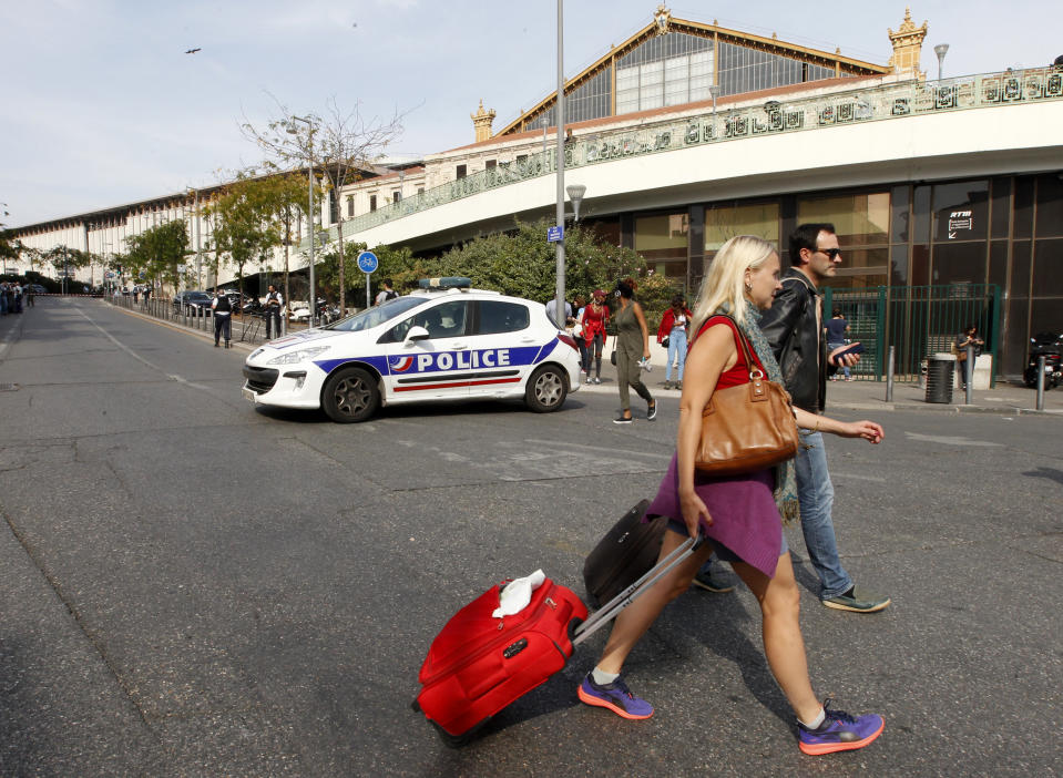 <p>Passengers leave Marseille ‘s main train station, Oct. 1, 2017 in Marseille, southern France. A man with a knife attacked people at the main train station in Marseille on Sunday, killing one person before soldiers shot dead the assailant, officials said. (AP Photo/Claude Paris) </p>