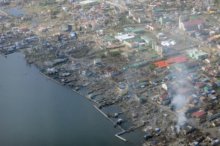 An aerial image shows the devastation to Tacloban coastal villages on December 8, 2013 in the aftermath of Super Typhoon Haiyan, one of the strongest typhoons ever recorded
