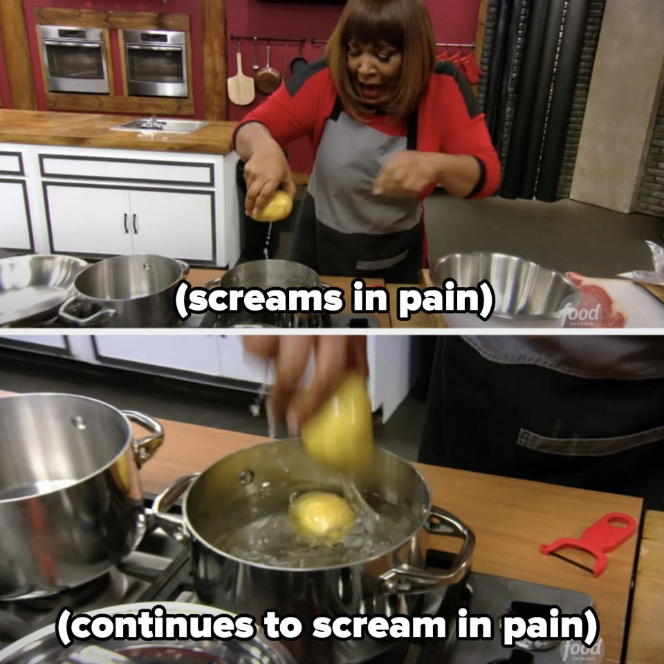 a woman reaches into a boiling pot of water