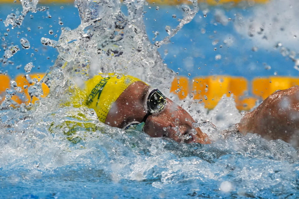 Emma McKeon, of Australia, swims in a women's 100-meter freestyle semifinal at the 2020 Summer Olympics, Thursday, July 29, 2021, in Tokyo, Japan. (AP Photo/Martin Meissner)