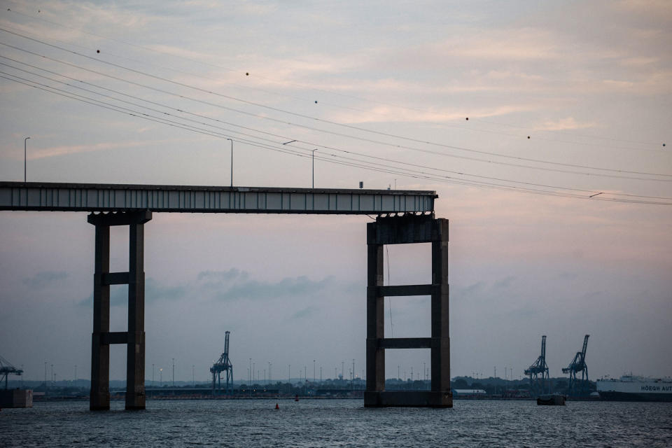 The Francis Scott Key Bridge on Wednesday on the southwest side of the Patapsco River, months after the bridge collapsed.  (Rosem Morton for NBC News)