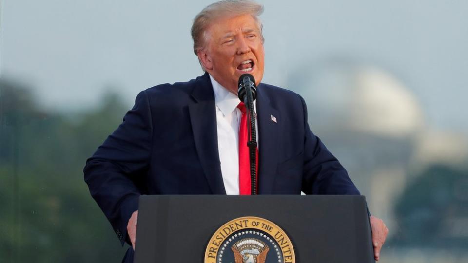 U.S. President Donald Trump speaks to attendees as he hosts a 4th of July "2020 Salute to America" to celebrate the U.S. Independence Day holiday at the White House in Washington, U.S., July 4