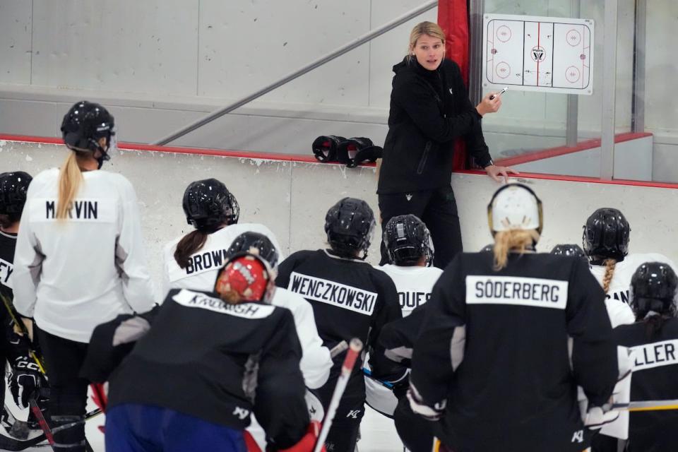 All six PWHL teams, including Boston, seen above, will be in Utica, N.Y., this week for a pre-season evaluation camp. (Charles Krupa/The Associated Press - image credit)