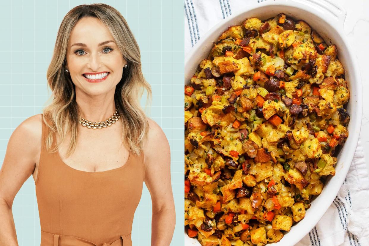 Giada De Laurentiis on a designed background next to Ciabatta Stuffing with Chestnuts and Pancetta