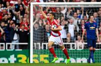 <p>Rudy Gestede celebrates Middlesbrough’s consolation goal </p>
