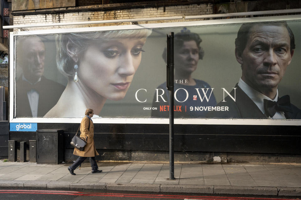 An advertising billboard promoting series 5 of Netflix's 'The Crown' which is now airing on demand, shows the main characters of the British royal family - and featuring the worsening relationship between the then-Prince Charles and Diana, Princess of Wales, on 16th November 2022, in London, England. (Photo by Richard Baker / In Pictures via Getty Images)