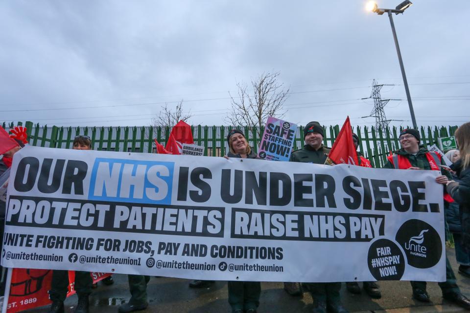 Unite members brandish a banner calling for a pay rise for NHS workers (Joseph Walshe  SWNS)