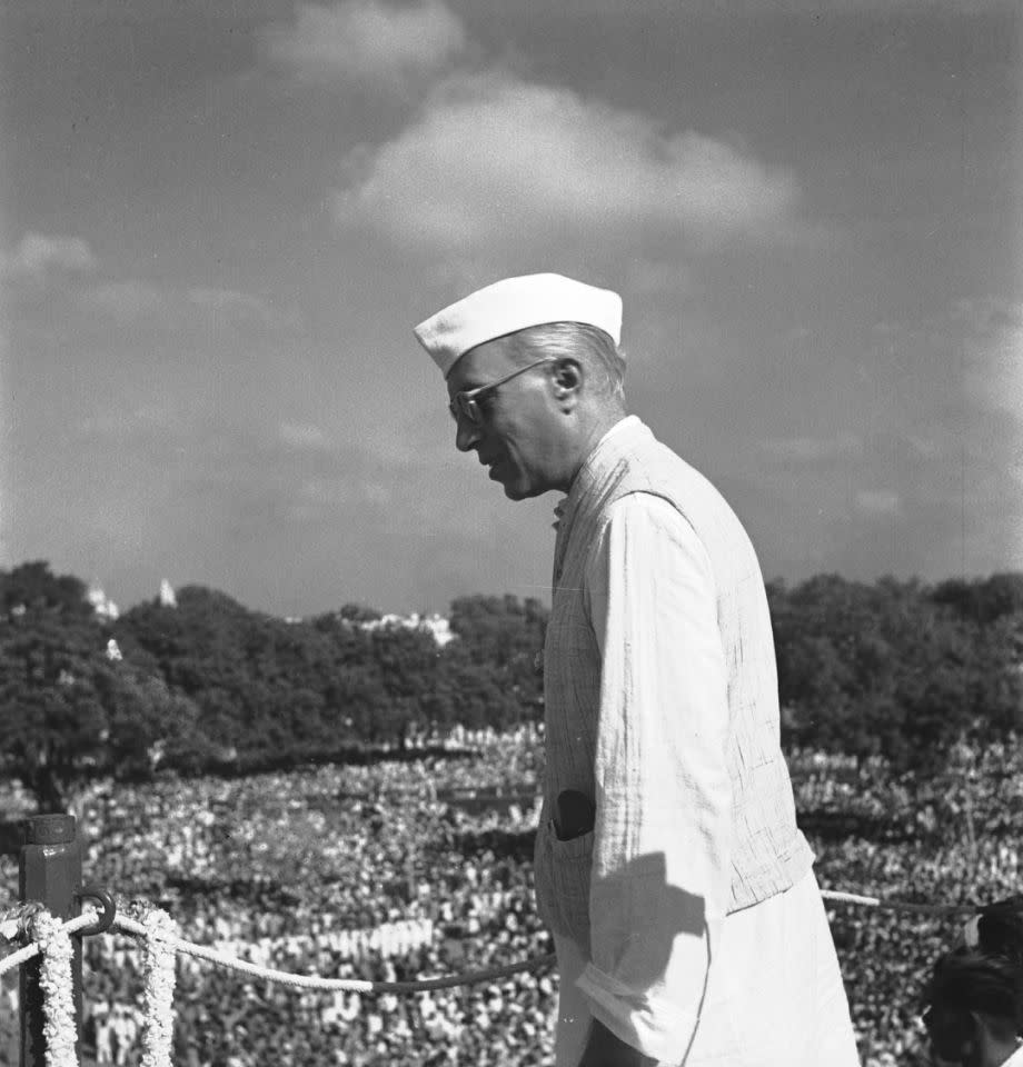 NEHRU 1947: Prime Minister Jawaharlal Nehru looks down on the crowd during India’s Independence Day celebrations at Red Fort, New Delhi, India, Aug. 15, 1947. (AP Photo)