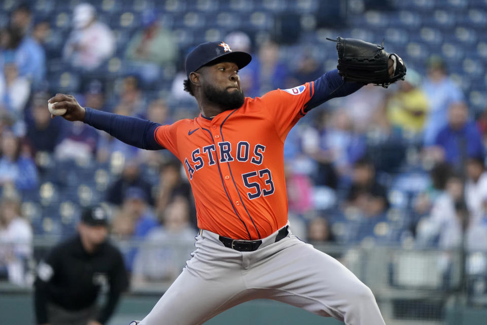 Houston Astros starting pitcher Cristian Javier throws against the Kansas City Royals in the first inning during a baseball game Tuesday, April 9, 2024, in Kansas City, Mo. (AP Photo/Ed Zurga)