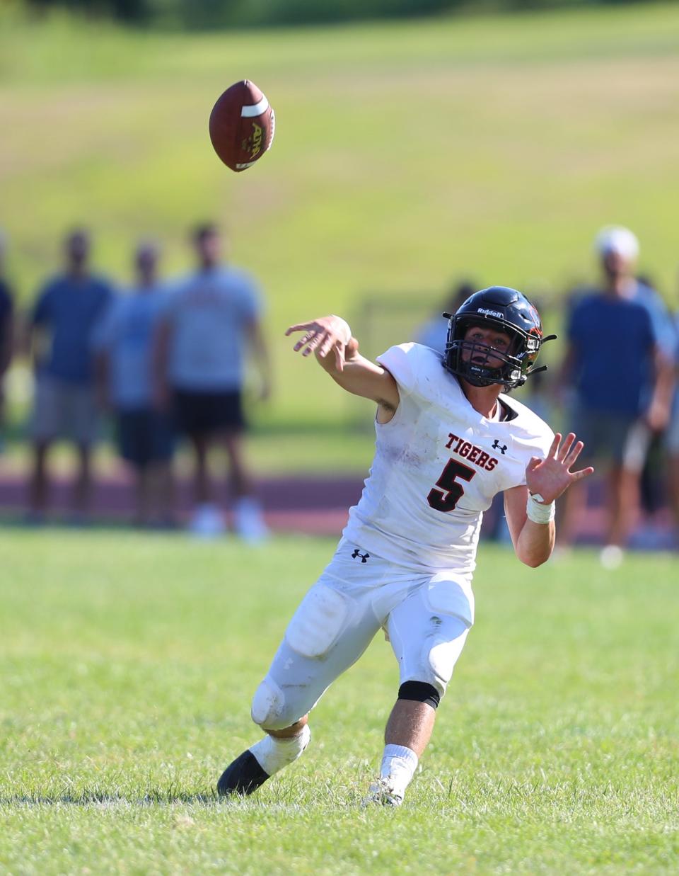 Tuckahoe quarterback Michael Annunziata (6) fires a pass during football action against Westlake at Westlake High School in Thornwood on Saturday, September 10, 2022. Tuckahoe won 35-32.