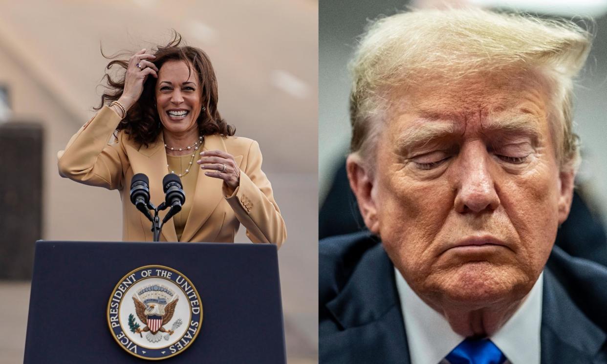 <span>Kamala Harris and Donald Trump in this composite photograph.</span><span>Illustration: Brynn Anderson/Mark Peterson/Guardian Design</span>