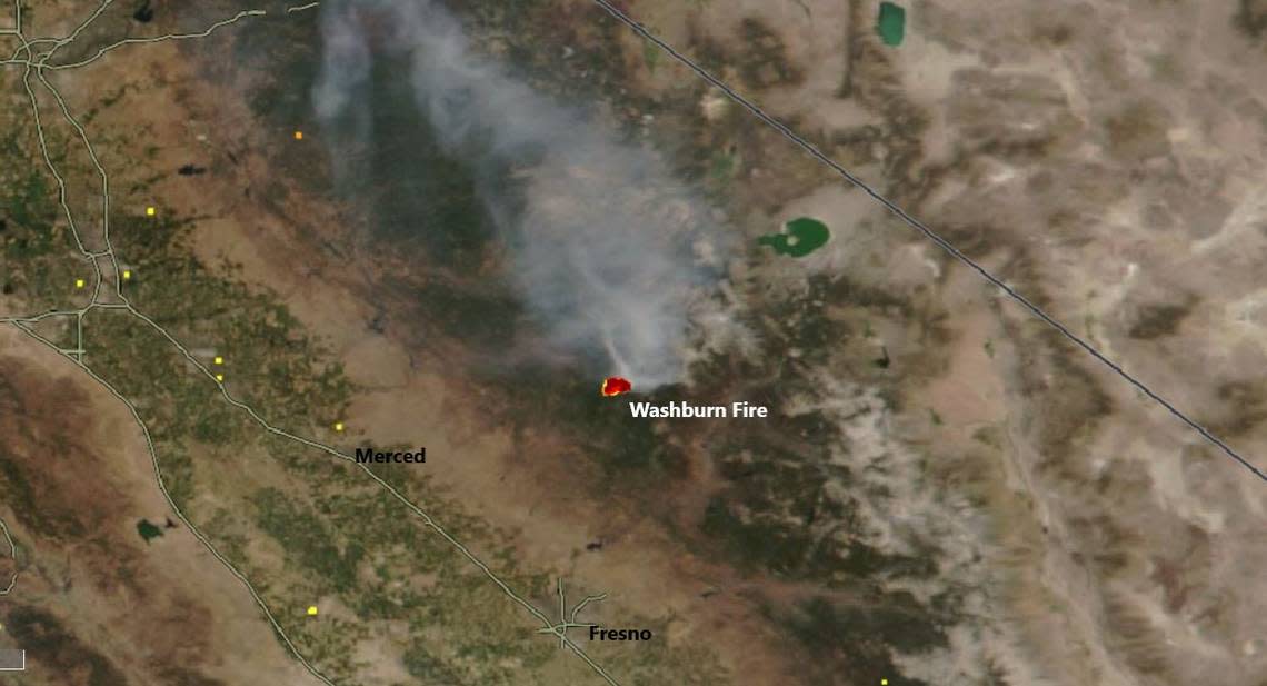 Satellite imagery of the San Joaquin Valley shows the plume of smoke being generated by the Washburn Fire in Yosemite National Park on Sunday, July 11, 2022.