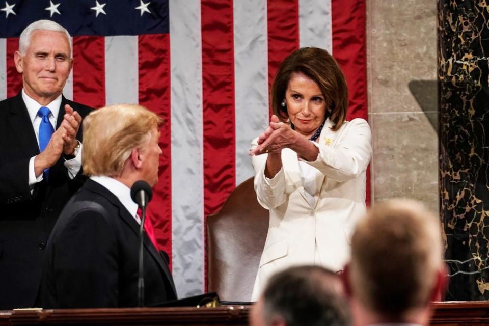 House Speaker Nancy Pelosi claps at President Donald Trump during his State of the Union address in February