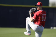 Los Angeles Angels' Shohei Ohtani throws during spring training baseball practice, Wednesday, Feb. 12, 2020, in Tempe, Ariz. (AP Photo/Darron Cummings)