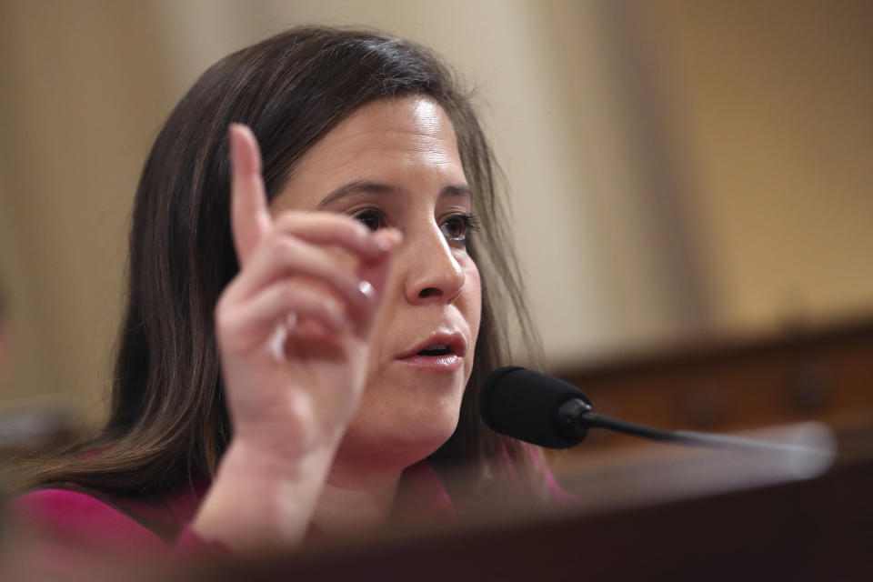 Rep. Elise Stefanik, R-N.Y., speaks as the hearing with former U.S. Ambassador to Ukraine Marie Yovanovitch begins the House Intelligence Committee on Capitol Hill in Washington, Friday, Nov. 15, 2019, during the second public impeachment hearing of President Donald Trump's efforts to tie U.S. aid for Ukraine to investigations of his political opponents. (AP Photo/Andrew Harnik)