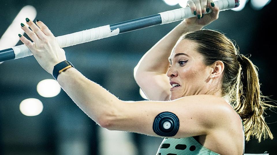 Canada's Alysha Newman, pictured at a pole vault competition last month in Belgium, pulled out of the women's final Saturday at the indoor world track and field championships with a sprained right ankle. (Jasper Jacobs/Belga/AFP via Getty Images - image credit)