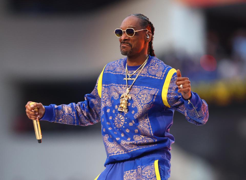 Snoop Dogg performs during the halftime show for Super Bowl LVI at SoFi Stadium.