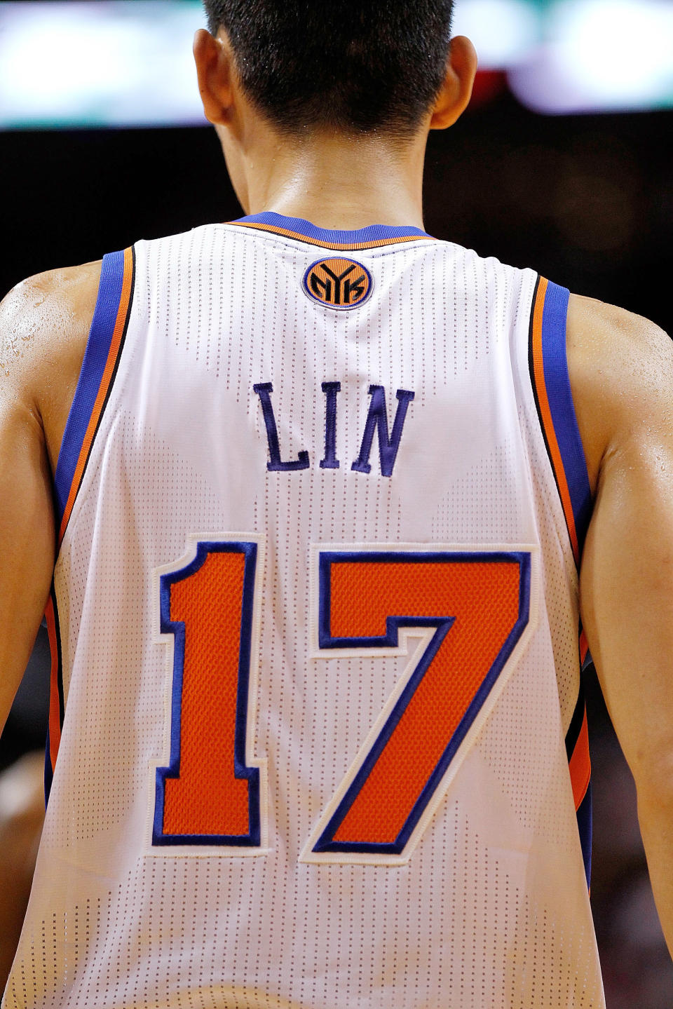 MIAMI, FL - FEBRUARY 23: Jeremy Lin #17 of the New York Knicks looks on during a game against the Miami Heat at American Airlines Arena on February 23, 2012 in Miami, Florida. NOTE TO USER: User expressly acknowledges and agrees that, by downloading and/or using this Photograph, User is consenting to the terms and conditions of the Getty Images License Agreement. (Photo by Mike Ehrmann/Getty Images)