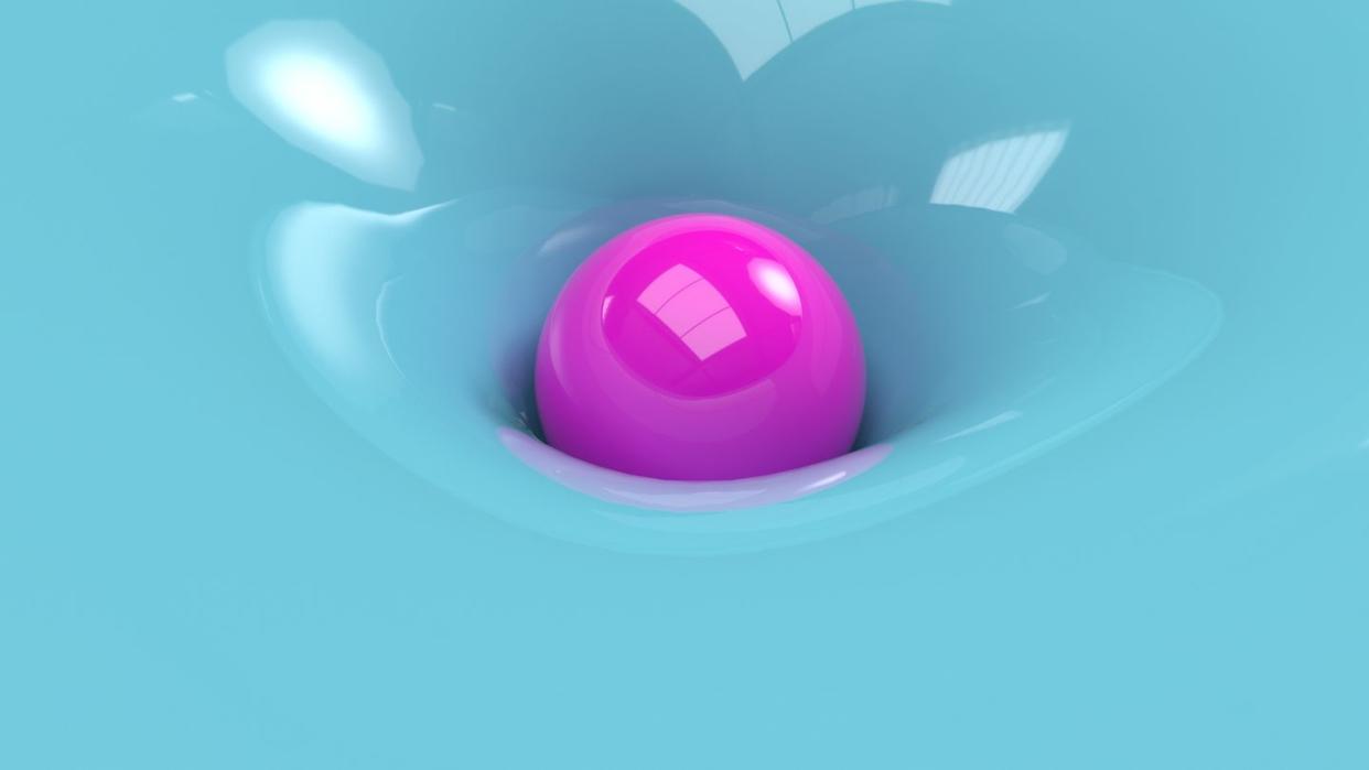3d digital render of a sphere falling and deforming the material surface