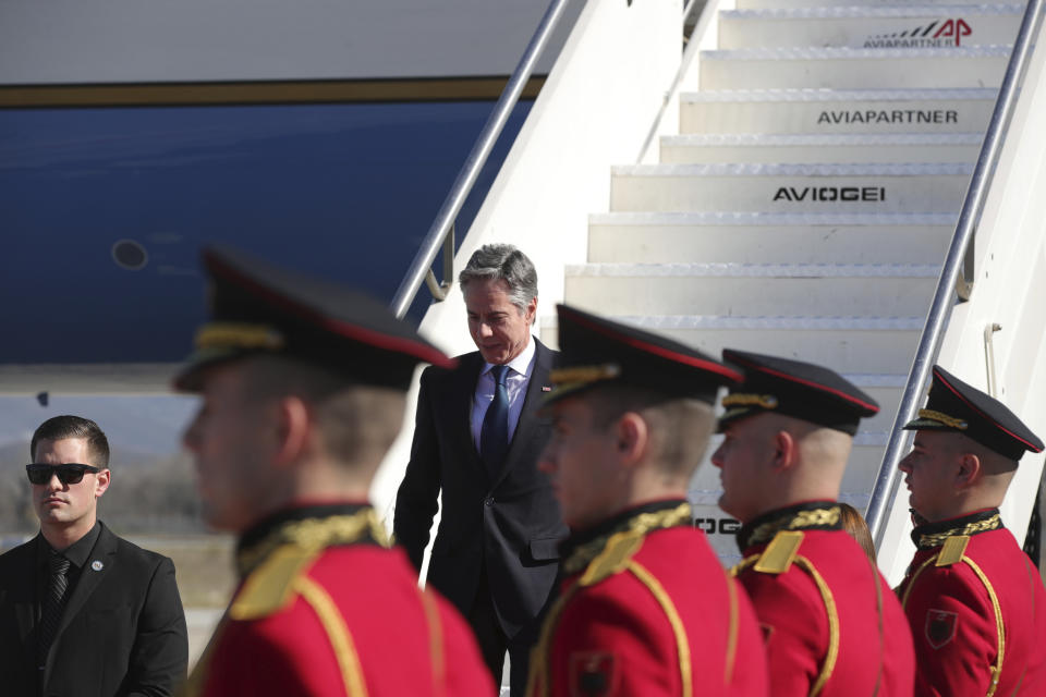 U.S. Secretary of State Antony Blinken arrives at Nene Tereza International Airport in Tirana, Albania, Thursday, Feb. 15, 2024. Blinken visits Albania to reaffirm Washington's relations with a key partner in the Western Balkan region and an ally in supporting Ukraine's sovereignty and territorial integrity. (AP Photo/Armando Babani, Pool)