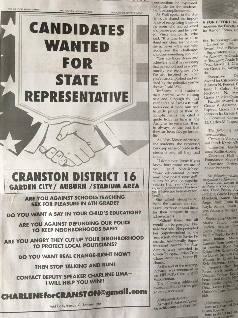 Rep. Charlene Lima, the deputy House speaker, took out this newspaper ad seeking opponents to run against fellow Democratic incumbent Brandon Potter.