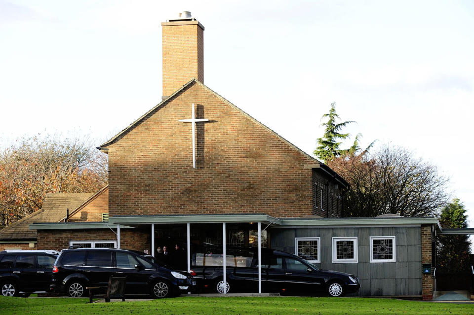 The coffin of Helen Smith arrives at Wakefield Crematorium for her funeral, after she died 30 years ago in Saudi Arabia.   (Photo by John Giles/PA Images via Getty Images)