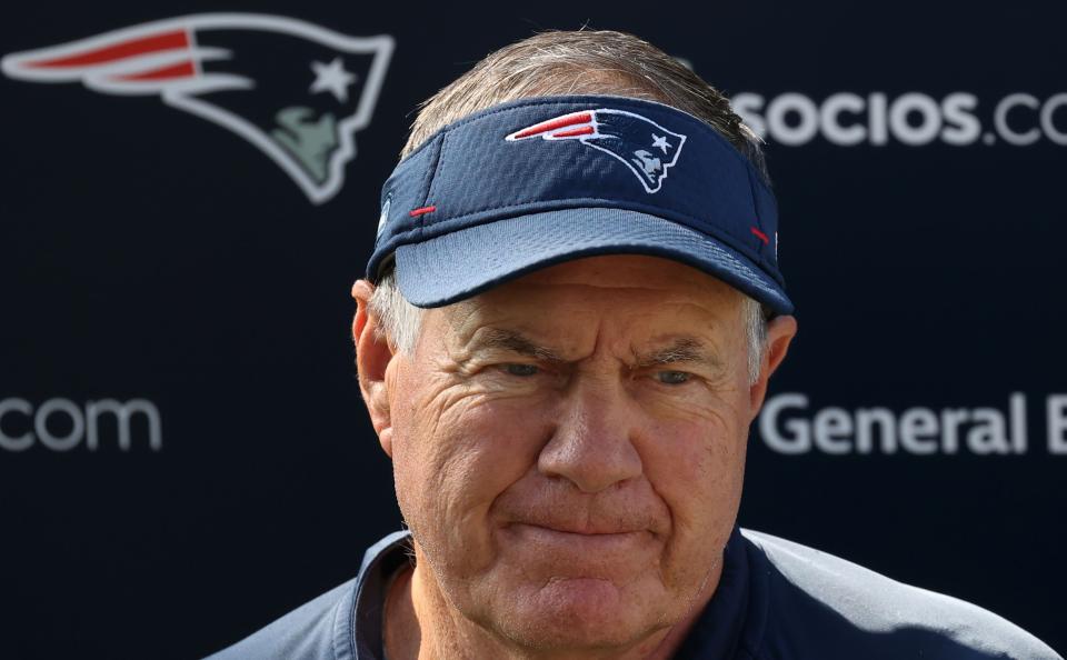 Foxborough, MA - August 2: Bill Belichick addresses the media during Patriots Training Camp. (Photo by David L. Ryan/The Boston Globe via Getty Images)