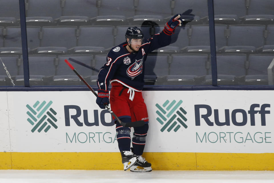 Columbus Blue Jackets' Cam Atkinson celebrates his goal against the Detroit Red Wings during the first period of an NHL hockey game Tuesday, March 2, 2021, in Columbus, Ohio. (AP Photo/Jay LaPrete)