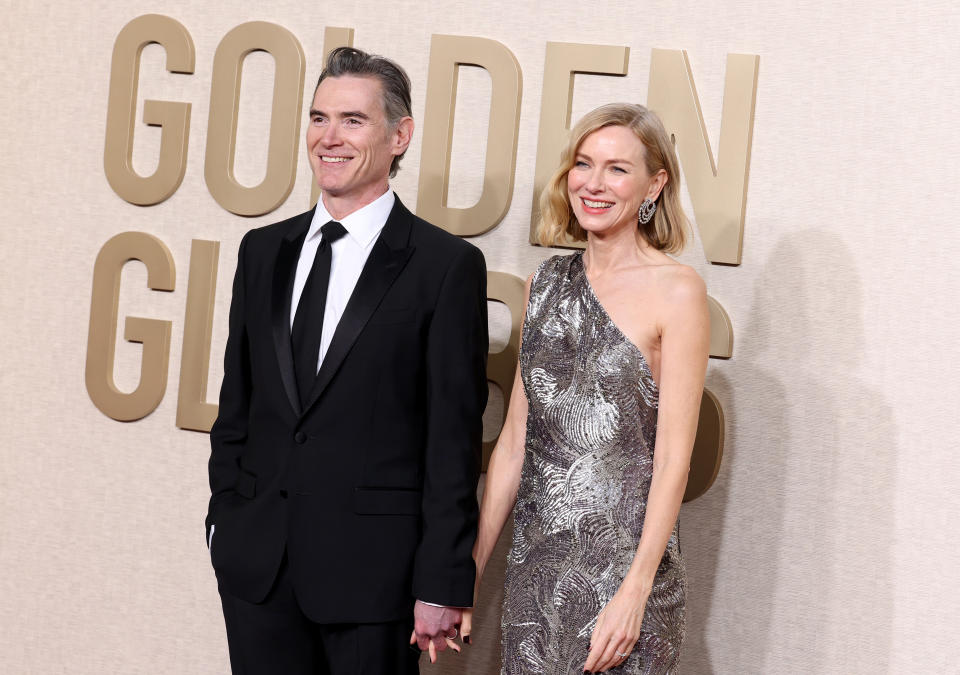 BEVERLY HILLS, CALIFORNIA - JANUARY 07: (L-R) Billy Crudup and Naomi Watts attend the 81st Annual Golden Globe Awards at The Beverly Hilton on January 07, 2024 in Beverly Hills, California. (Photo by Monica Schipper/GA/The Hollywood Reporter via Getty Images)