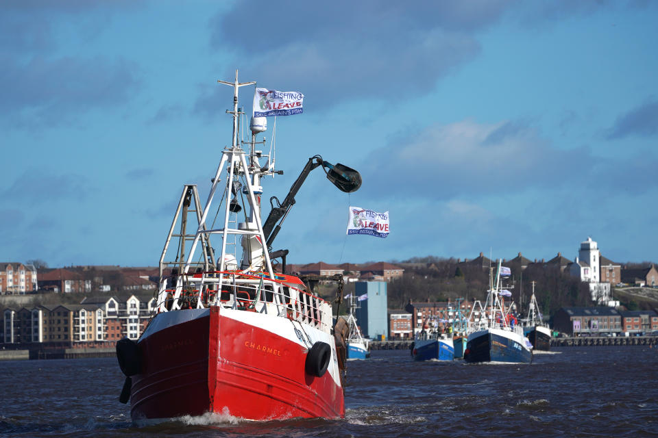 Fishermen take part in a pro-Brexit protest at Newcastle Quayside.