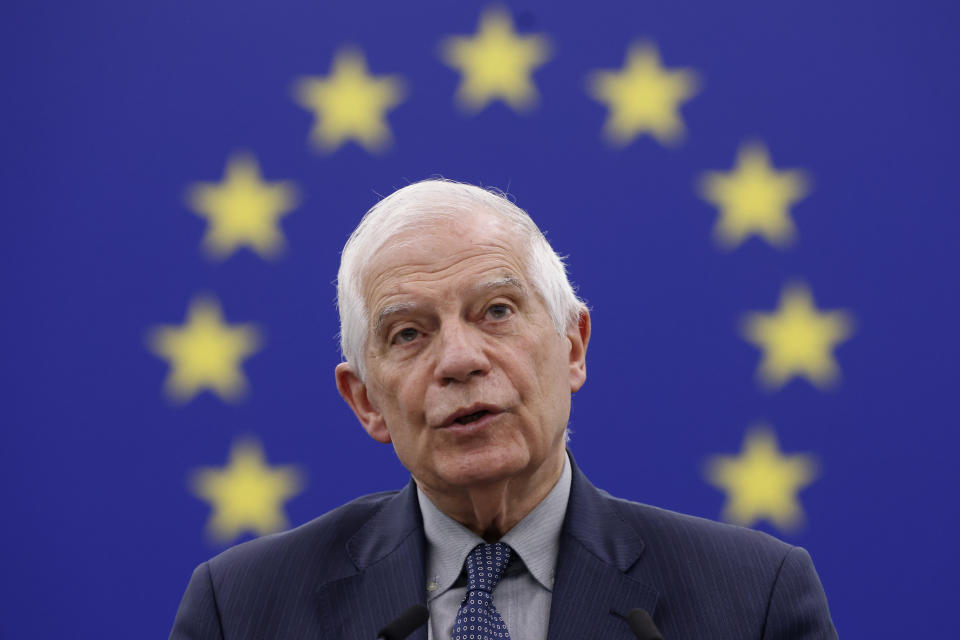 European Union foreign policy chief Josep Borrell speaks during a debate on Iran's strike against Israel Wednesday, April 24, 2024 in Strasbourg, eastern France. (AP Photo/Jean-Francois Badias)