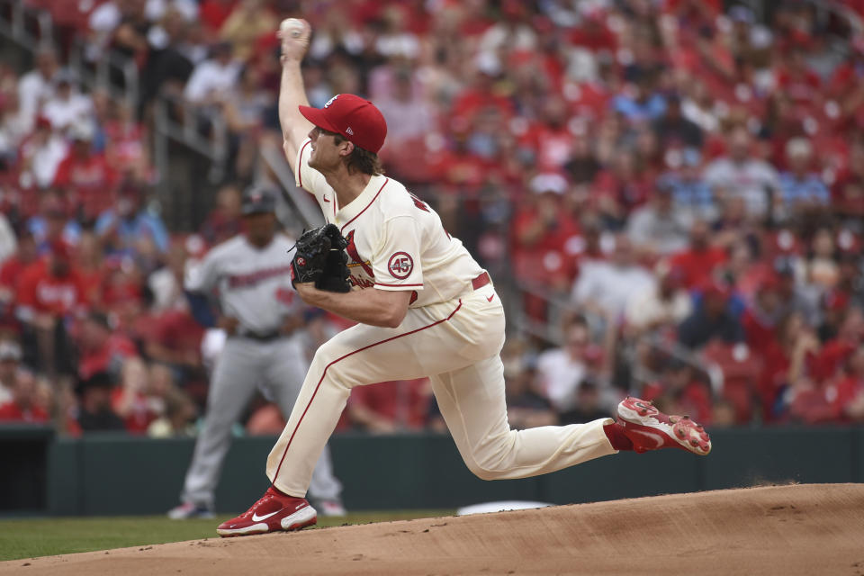 St. Louis Cardinals starting pitcher Jake Woodford throws during the first inning of a baseball game against the Minnesota Twins on Saturday, July 31, 2021, in St. Louis. (AP Photo/Joe Puetz)