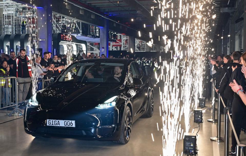 A Tesla car rolled off the assembly line at the opening of the company’s factory in Grünheide in March 2022.