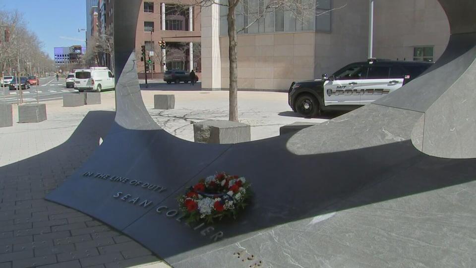 A wreath is laid at MIT Police Officer Sean Collier's memorial in Cambridge.