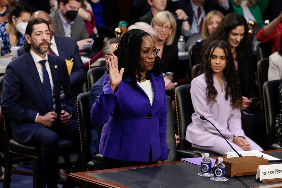 U.S. Supreme Court nominee Judge Ketanji Brown Jackson is sworn-in during her confirmation hearing before the Senate Judiciary Committee in the Hart Senate Office Building on Capitol Hill March 21, 2022 in Washington, DC.