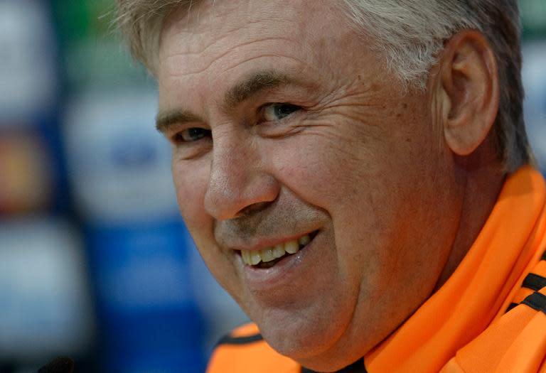 Real Madrid coach Carlo Ancelotti attends a press conference at the club's Valdebebas training ground on on April 22, 2014, the eve of their Champions League semi-final against Bayern Munich in Madrid