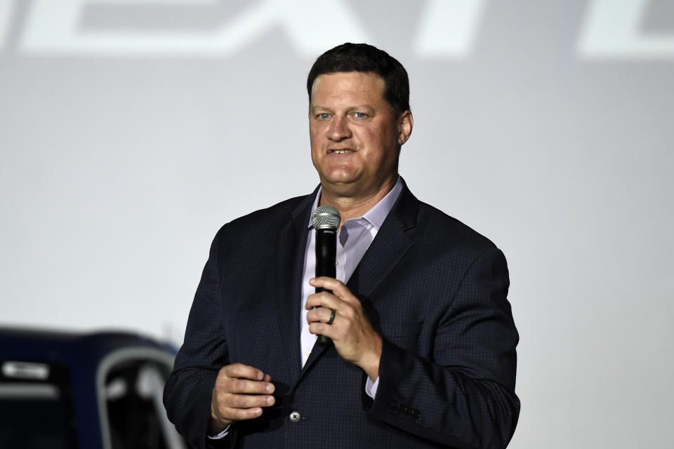 FILE - Steve O'Donnell, Executive Vice President of NASCAR talks about the Next Gen Cup Cars that will be used in the 2022 season during the NASCAR media event in Charlotte, N.C., Wednesday, May 5, 2021. It's another season of change for NASCAR as it prepares for Sunday's opening Daytona 500. (AP Photo/Mike McCarn, File)