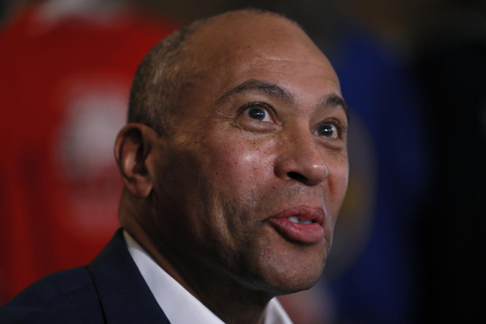 Democratic presidential candidate former Massachusetts Gov. Deval Patrick speaks to local residents during a stop at the Sykora Bakery, Monday, Nov. 18, 2019, in Cedar Rapids, Iowa. (AP Photo/Charlie Neibergall)