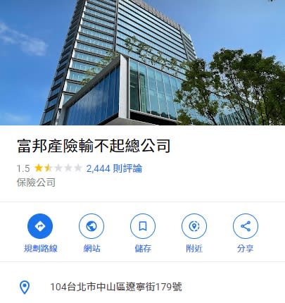 ▲富邦產險總公司在google地圖上的地標名稱遭到網友改名「富邦產輸不起險總公司」。（圖／翻攝Google地圖）