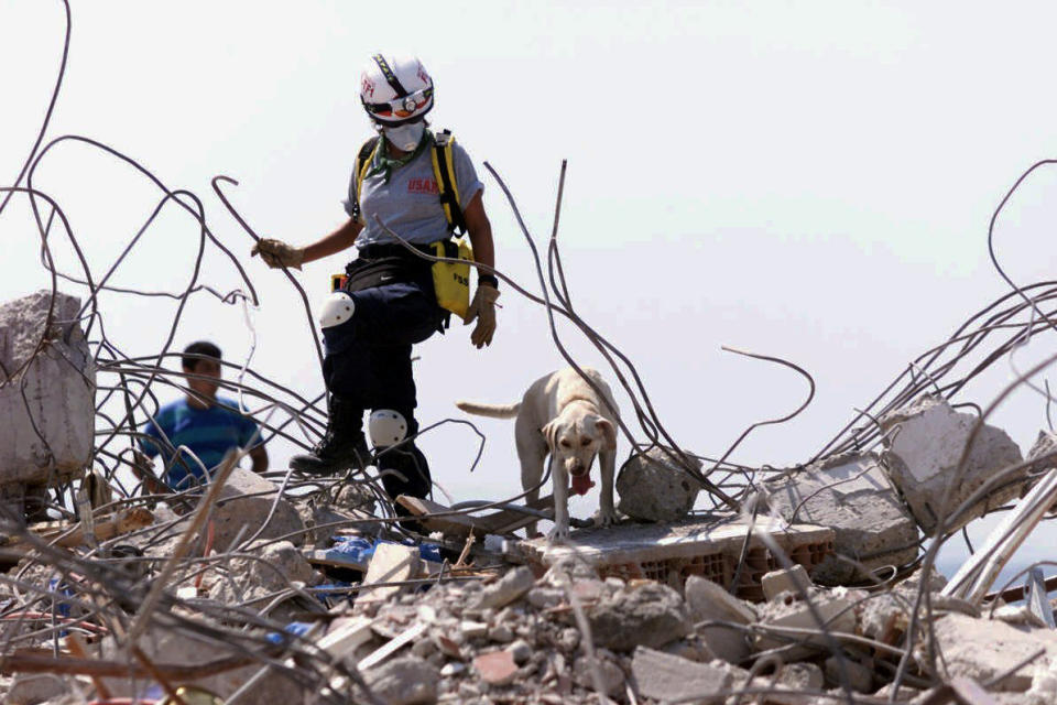 FILE - In this Aug. 23, 1999, file photo, Elena Lopez, of the Miami-Dade Fire Rescue, Florida Task Force One, Urban Search and Rescue team, searches the rubble in Izmit, Turkey, with her search dog "Thea." Search and rescue teams from Miami-Dade have been described as among the best and most experienced in the world. (Patrick Farrell/Miami Herald via AP, File)