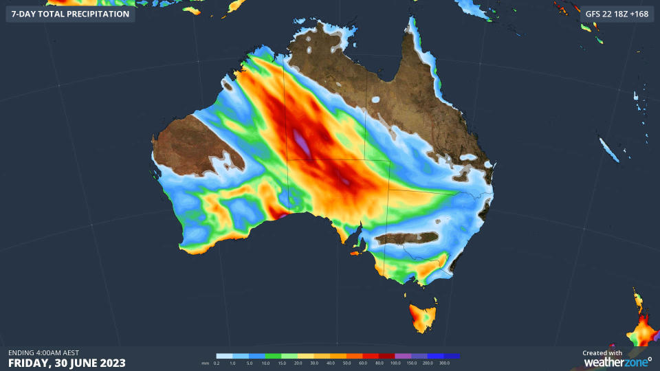 A rainfall map of Australia shows the huge cloudband stretching diagonally across the country, with the heaviest falls expected in south-west NT.