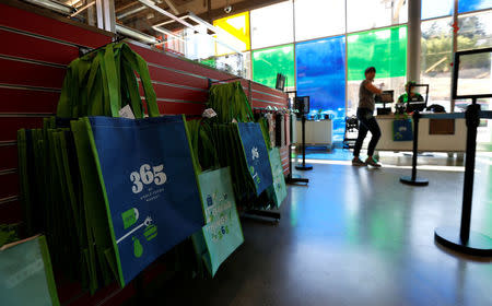 Grocery bags for sale are pictured at a 365 by Whole Foods Market grocery store ahead of its opening day in Los Angeles, U.S., May 24, 2016. REUTERS/Mario Anzuoni