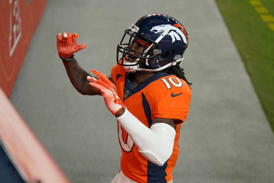 Denver Broncos wide receiver Jerry Jeudy (10) celebrates after scoring a 92-yard touchdown against the Las Vegas Raiders during the second half of an NFL football game, Sunday, Jan. 3, 2021, in Denver. (AP Photo/Jack Dempsey)