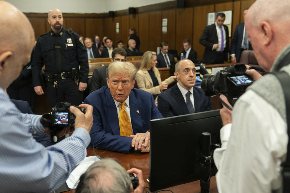 Former President Donald Trump appears at Manhattan criminal court before his trial in New York, Thursday, May 2, 2024. (Jeenah Moon/Pool Photo via AP)