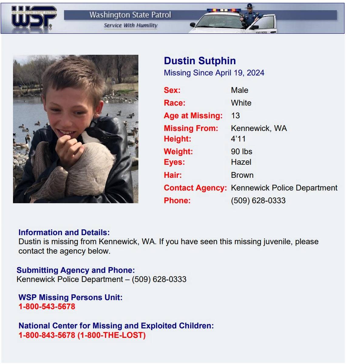 Dustin Sutphin has been missing for about half a month, according to the Washington State Patrol flier.