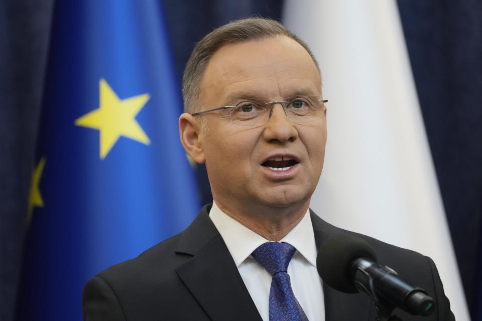 FILE - Poland's President Andrzej Duda gives a statement to the media in Warsaw, Poland, on Jan. 10, 2024, after the arrest of two politicians convicted of abuse of power who had taken refuge for hours in the presidential palace. The office of Poland's president says Abdrzej Duda has spoken on the phone with Congolese president in an effort to obtain the release of a Polish traveller sentenced there for life in prison on charges of sabotage. (AP Photo/Czarek Sokolowski, File)