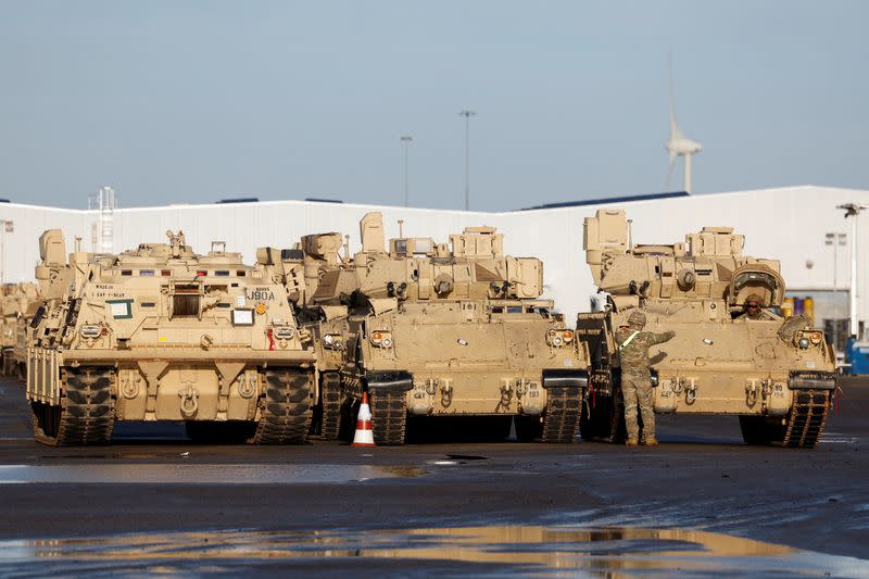 U.S. army vehicles arrive in Europe to reinforce NATO frontier, in Vlissingen